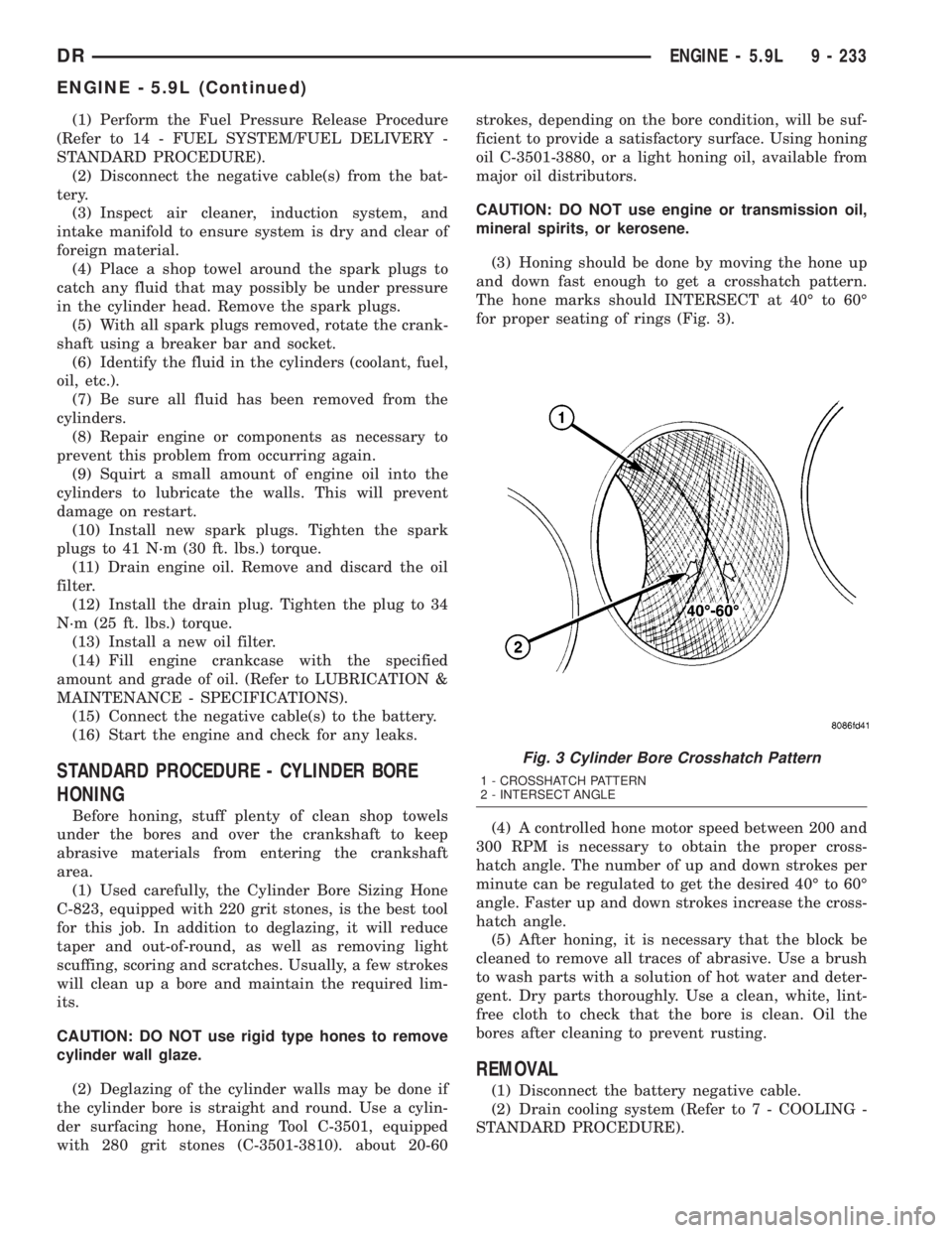 DODGE RAM 2003  Service Repair Manual (1) Perform the Fuel Pressure Release Procedure
(Refer to 14 - FUEL SYSTEM/FUEL DELIVERY -
STANDARD PROCEDURE).
(2) Disconnect the negative cable(s) from the bat-
tery.
(3) Inspect air cleaner, induct