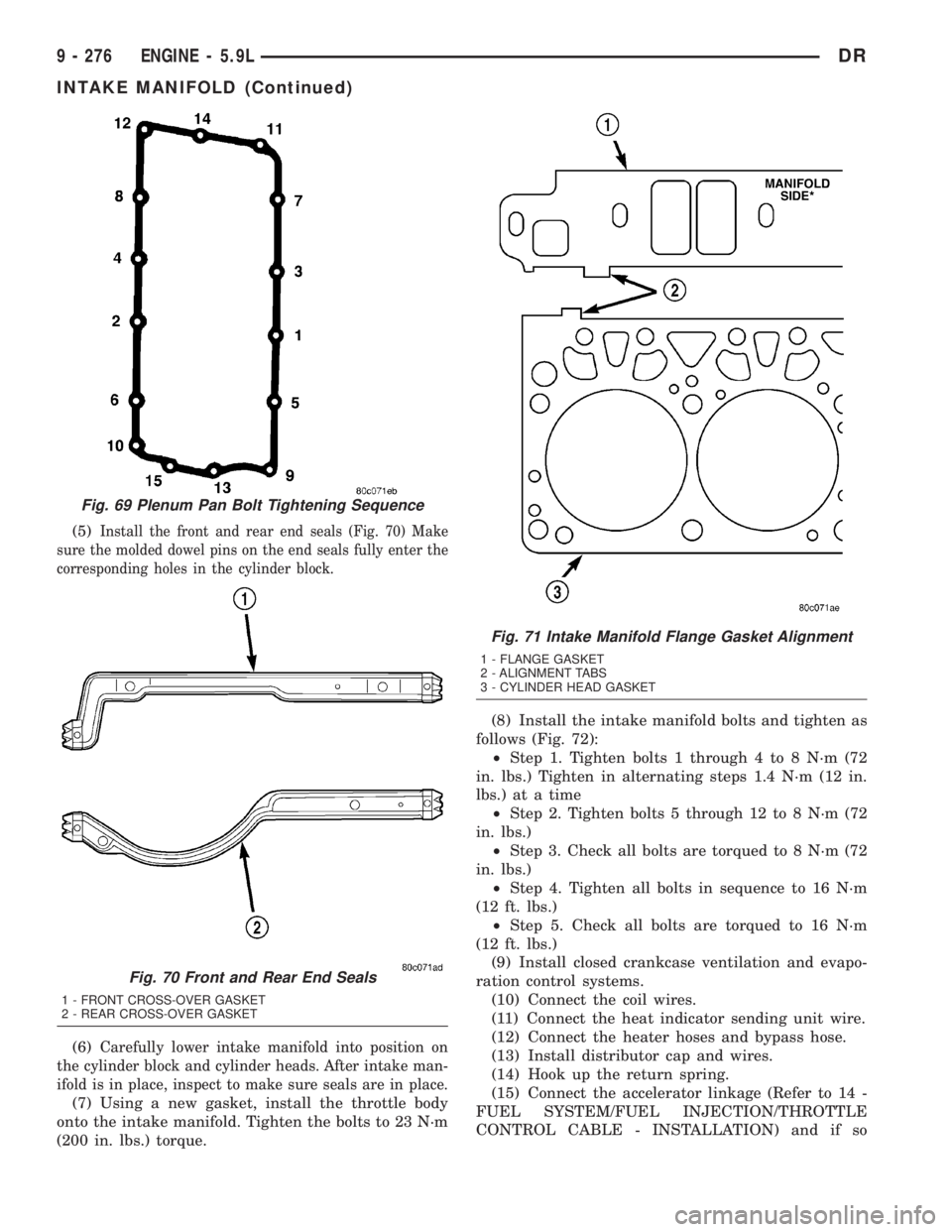DODGE RAM 2003  Service Repair Manual (5)Install the front and rear end seals (Fig. 70) Make
sure the molded dowel pins on the end seals fully enter the
corresponding holes in the cylinder block.
(6)Carefully lower intake manifold into po