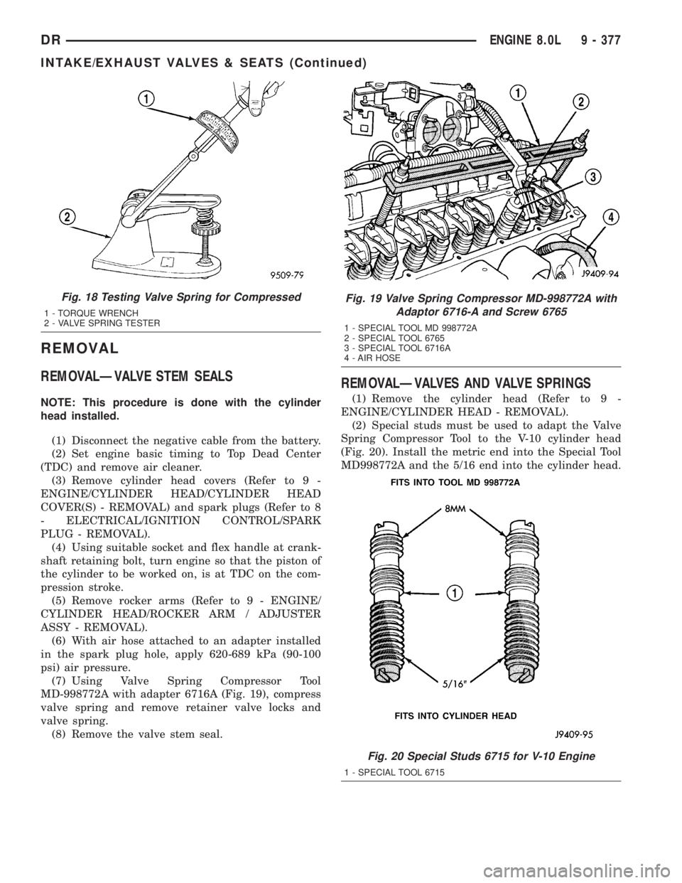 DODGE RAM 2003  Service Repair Manual REMOVAL
REMOVALÐVALVE STEM SEALS
NOTE: This procedure is done with the cylinder
head installed.
(1) Disconnect the negative cable from the battery.
(2) Set engine basic timing to Top Dead Center
(TDC