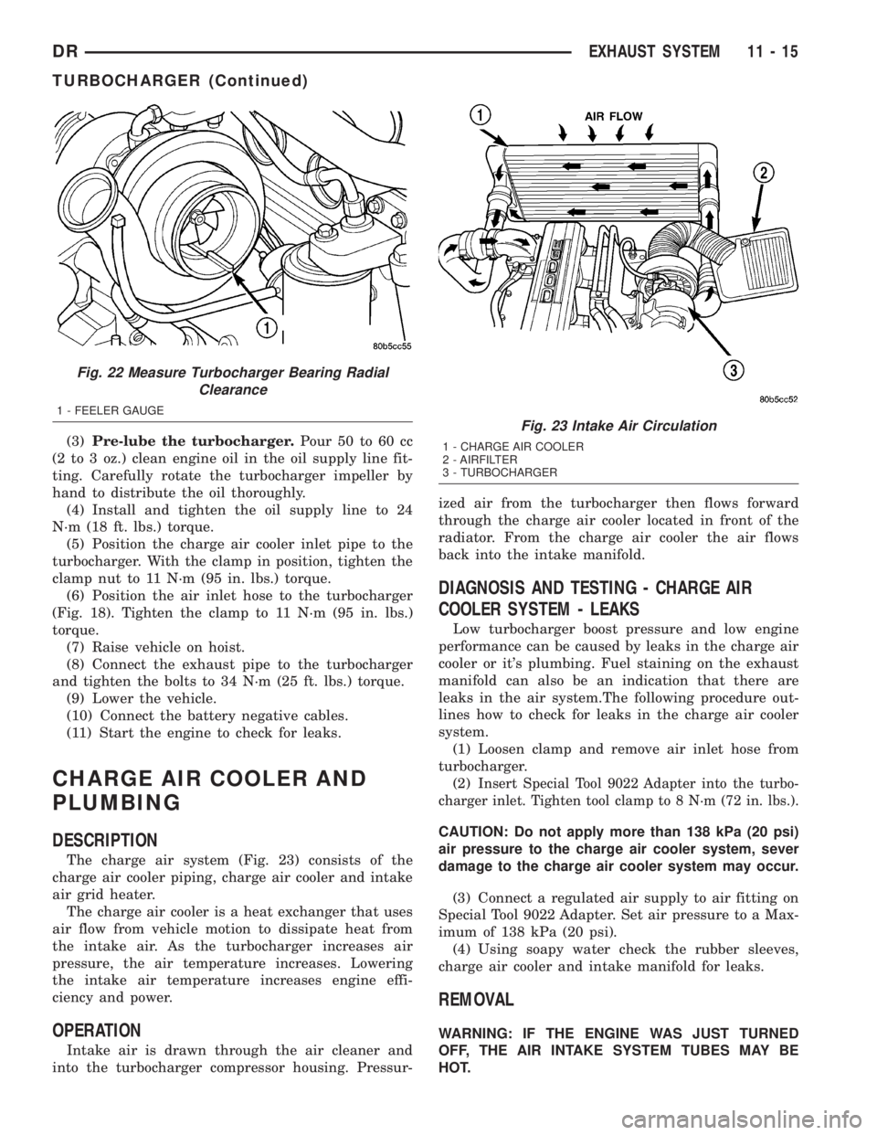 DODGE RAM 2003  Service Repair Manual (3)Pre-lube the turbocharger.Pour 50 to 60 cc
(2 to 3 oz.) clean engine oil in the oil supply line fit-
ting. Carefully rotate the turbocharger impeller by
hand to distribute the oil thoroughly.
(4) I
