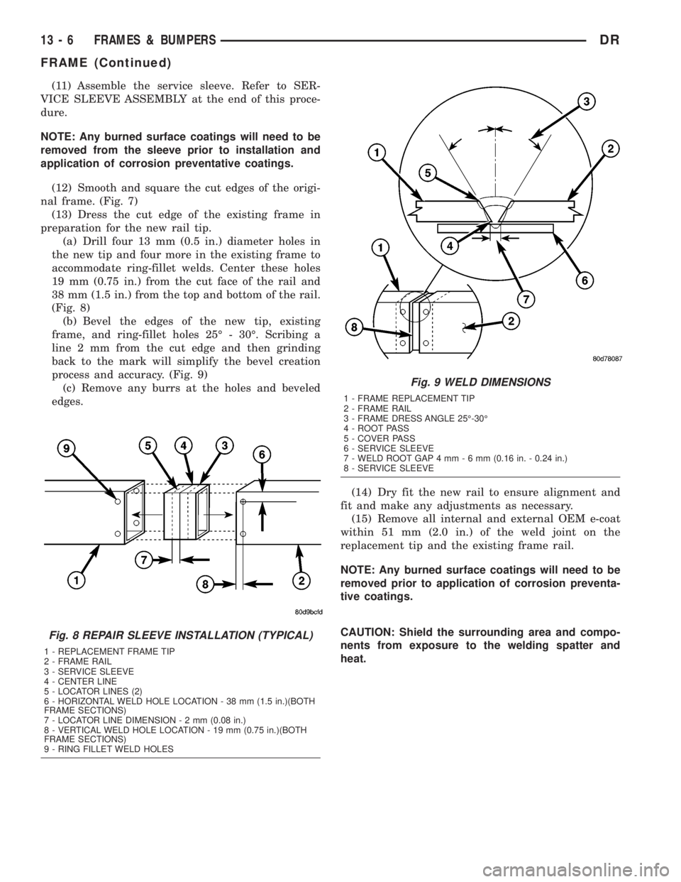 DODGE RAM 2003  Service Repair Manual (11) Assemble the service sleeve. Refer to SER-
VICE SLEEVE ASSEMBLY at the end of this proce-
dure.
NOTE: Any burned surface coatings will need to be
removed from the sleeve prior to installation and