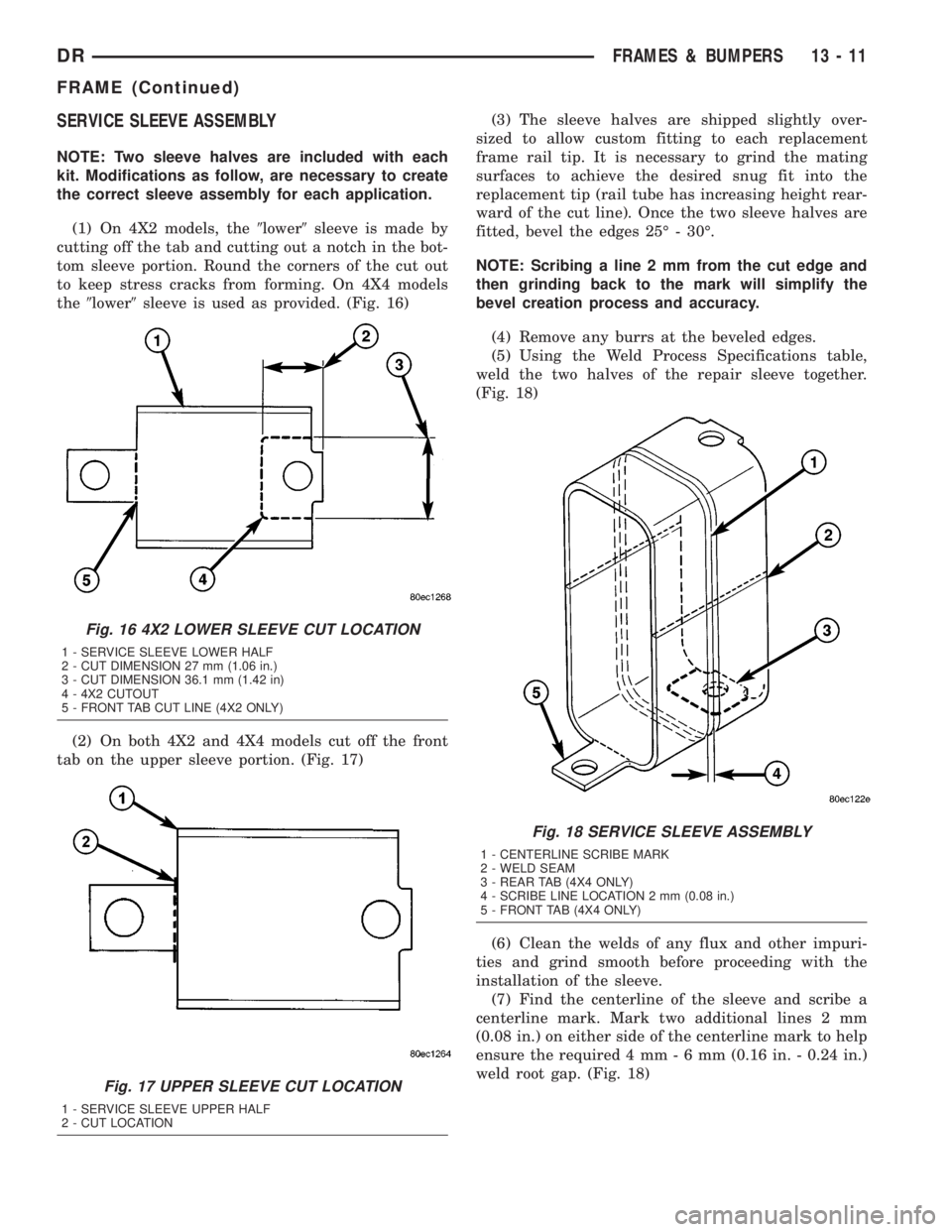 DODGE RAM 2003  Service Repair Manual SERVICE SLEEVE ASSEMBLY
NOTE: Two sleeve halves are included with each
kit. Modifications as follow, are necessary to create
the correct sleeve assembly for each application.
(1) On 4X2 models, the9lo