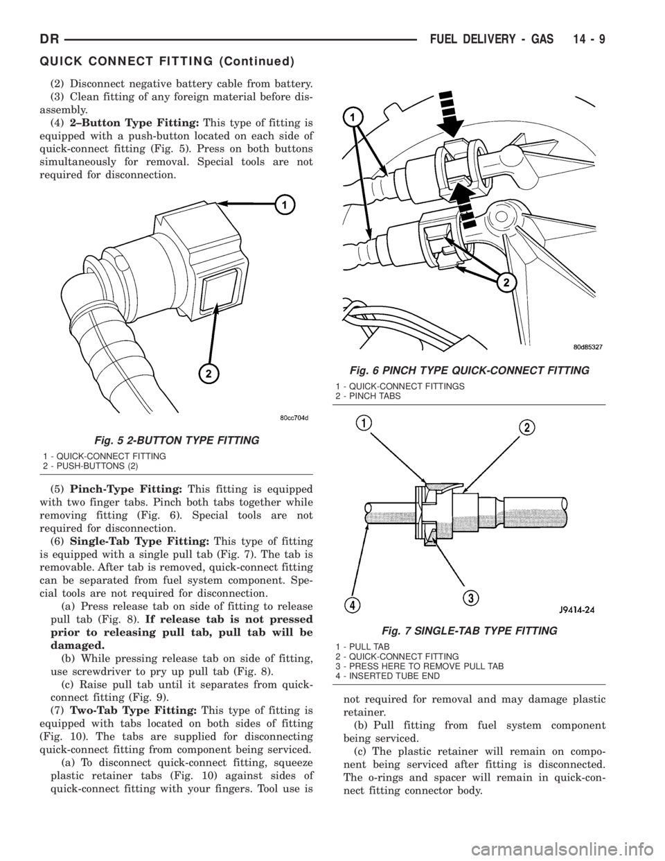 DODGE RAM 2003  Service Repair Manual (2) Disconnect negative battery cable from battery.
(3) Clean fitting of any foreign material before dis-
assembly.
(4)2±Button Type Fitting:This type of fitting is
equipped with a push-button locate