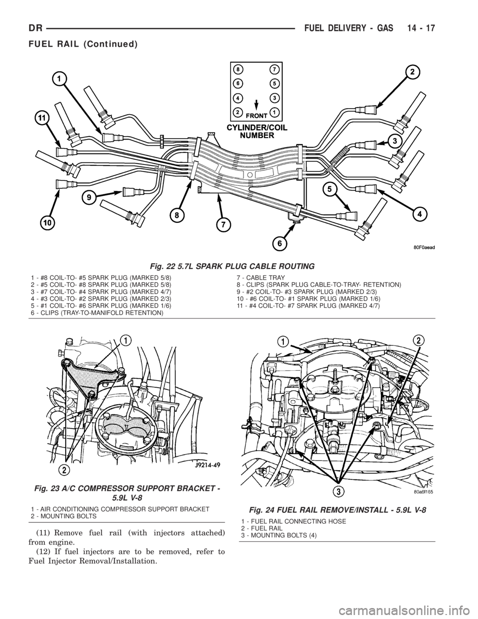DODGE RAM 2003  Service Repair Manual (11) Remove fuel rail (with injectors attached)
from engine.
(12) If fuel injectors are to be removed, refer to
Fuel Injector Removal/Installation.
Fig. 22 5.7L SPARK PLUG CABLE ROUTING
1 - #8 COIL-TO