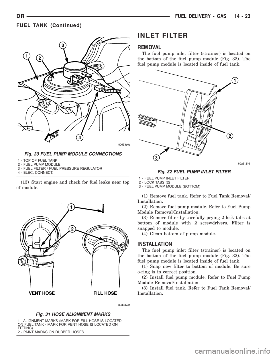 DODGE RAM 2003  Service Repair Manual (13) Start engine and check for fuel leaks near top
of module.
INLET FILTER
REMOVAL
The fuel pump inlet filter (strainer) is located on
the bottom of the fuel pump module (Fig. 32). The
fuel pump modu