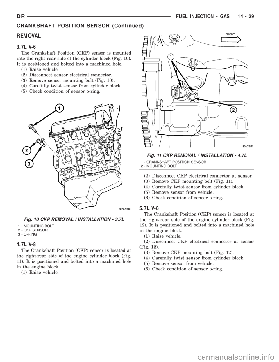 DODGE RAM 2003  Service Repair Manual REMOVAL
3.7L V-6
The Crankshaft Position (CKP) sensor is mounted
into the right rear side of the cylinder block (Fig. 10).
It is positioned and bolted into a machined hole.
(1) Raise vehicle.
(2) Disc