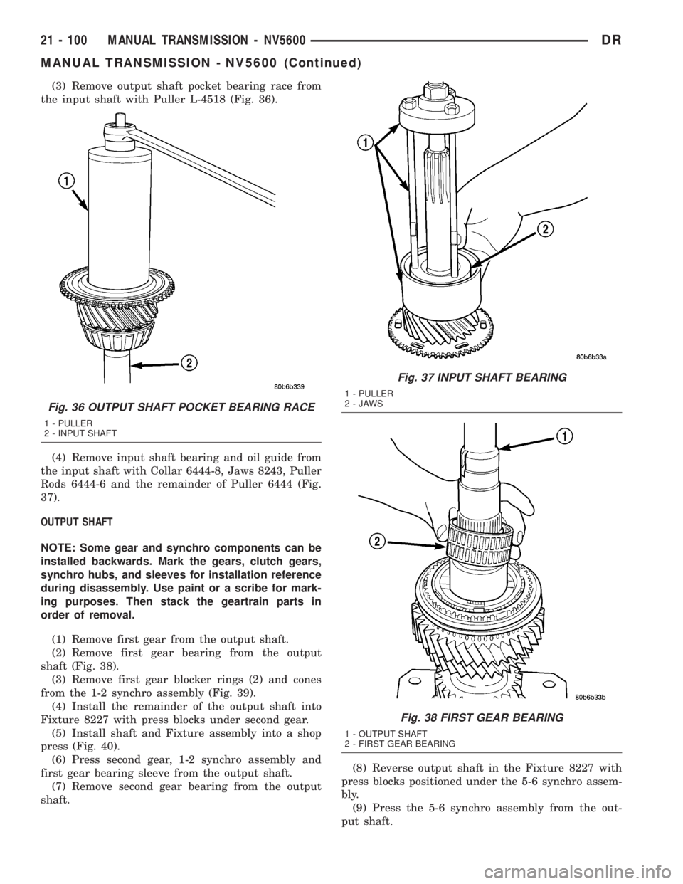 DODGE RAM 2003  Service Repair Manual (3) Remove output shaft pocket bearing race from
the input shaft with Puller L-4518 (Fig. 36).
(4) Remove input shaft bearing and oil guide from
the input shaft with Collar 6444-8, Jaws 8243, Puller
R