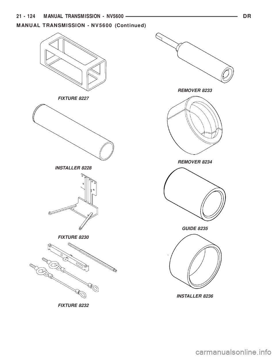 DODGE RAM 2003  Service Repair Manual FIXTURE 8227
INSTALLER 8228
FIXTURE 8230
FIXTURE 8232
REMOVER 8233
REMOVER 8234
GUIDE 8235
INSTALLER 8236
21 - 124 MANUAL TRANSMISSION - NV5600DR
MANUAL TRANSMISSION - NV5600 (Continued) 