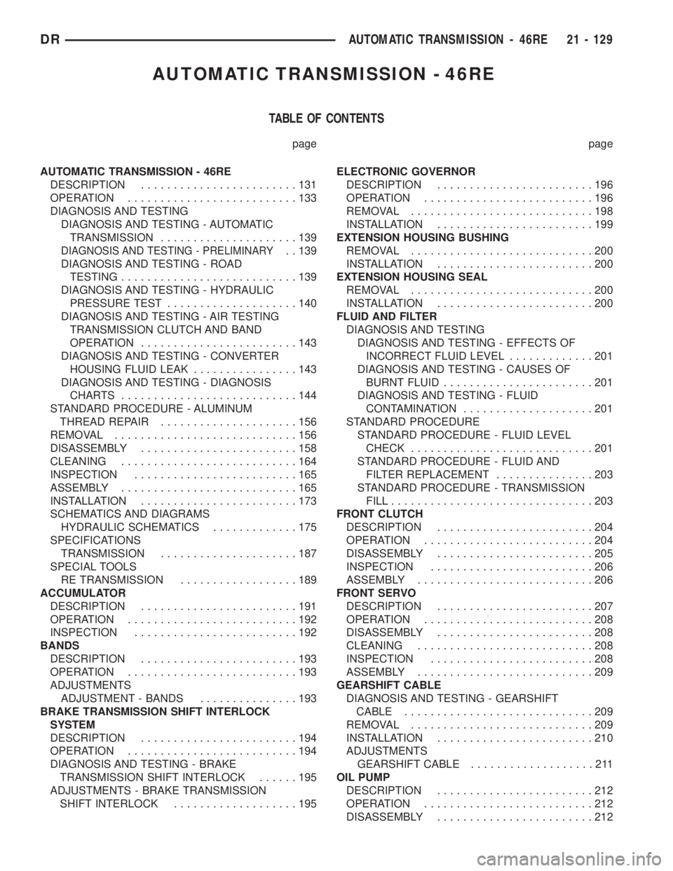 DODGE RAM 2003  Service Owners Guide AUTOMATIC TRANSMISSION - 46RE
TABLE OF CONTENTS
page page
AUTOMATIC TRANSMISSION - 46RE
DESCRIPTION........................131
OPERATION..........................133
DIAGNOSIS AND TESTING
DIAGNOSIS AN