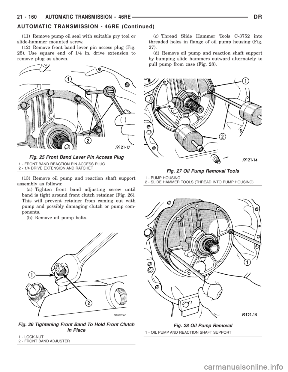 DODGE RAM 2003  Service Repair Manual (11) Remove pump oil seal with suitable pry tool or
slide-hammer mounted screw.
(12) Remove front band lever pin access plug (Fig.
25). Use square end of 1/4 in. drive extension to
remove plug as show