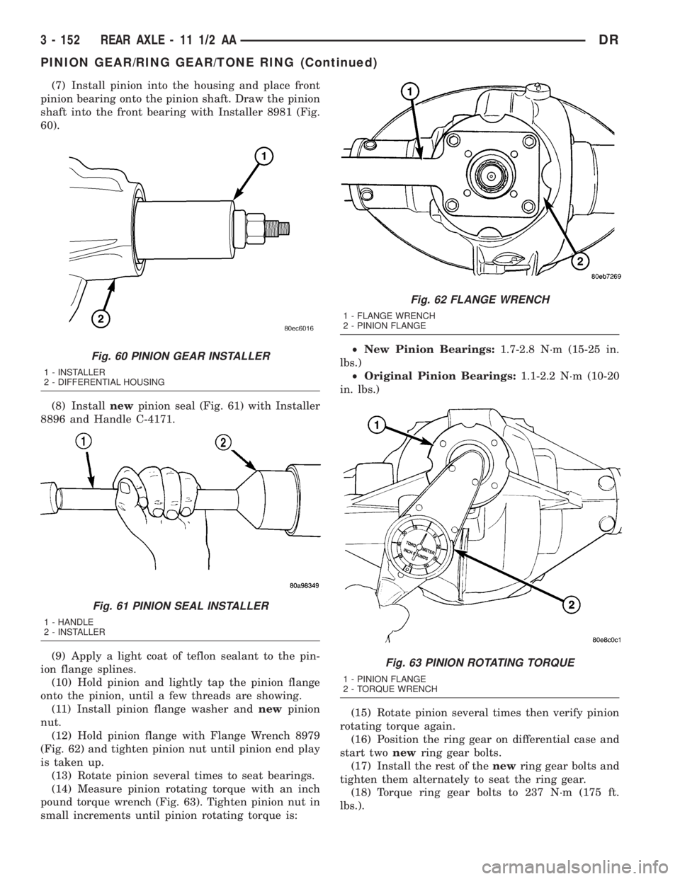 DODGE RAM 2003  Service Repair Manual (7) Install pinion into the housing and place front
pinion bearing onto the pinion shaft. Draw the pinion
shaft into the front bearing with Installer 8981 (Fig.
60).
(8) Installnewpinion seal (Fig. 61