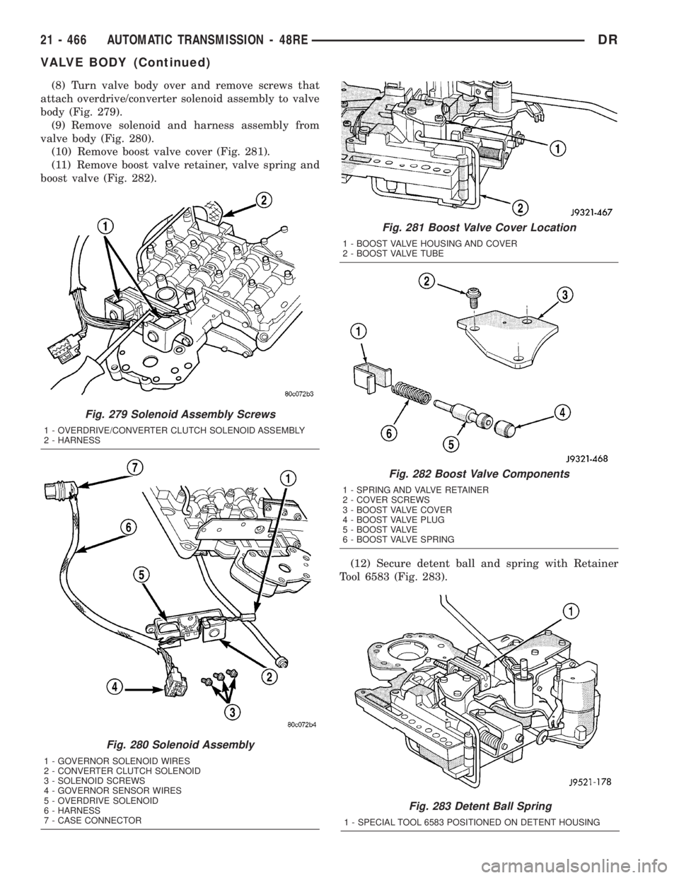 DODGE RAM 2003 Service Repair Manual (8) Turn valve body over and remove screws that
attach overdrive/converter solenoid assembly to valve
body (Fig. 279).
(9) Remove solenoid and harness assembly from
valve body (Fig. 280).
(10) Remove DODGE RAM 2003 Service Repair Manual (8) Turn valve body over and remove screws that
attach overdrive/converter solenoid assembly to valve
body (Fig. 279).
(9) Remove solenoid and harness assembly from
valve body (Fig. 280).
(10) Remove