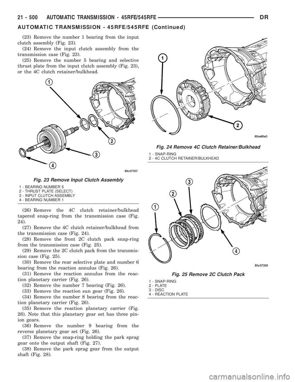 DODGE RAM 2003  Service Repair Manual (23) Remove the number 1 bearing from the input
clutch assembly (Fig. 23).
(24) Remove the input clutch assembly from the
transmission case (Fig. 23).
(25) Remove the number 5 bearing and selective
th