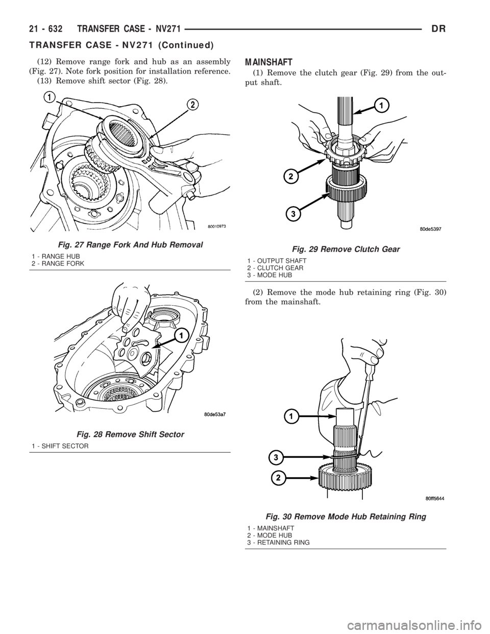 DODGE RAM 2003 Service Repair Manual (12) Remove range fork and hub as an assembly
(Fig. 27). Note fork position for installation reference.
(13) Remove shift sector (Fig. 28).MAINSHAFT
(1) Remove the clutch gear (Fig. 29) from the out-
DODGE RAM 2003 Service Repair Manual (12) Remove range fork and hub as an assembly
(Fig. 27). Note fork position for installation reference.
(13) Remove shift sector (Fig. 28).MAINSHAFT
(1) Remove the clutch gear (Fig. 29) from the out-