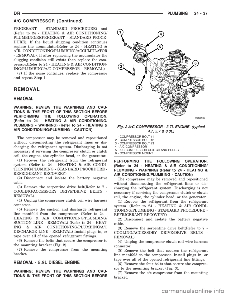 DODGE RAM 2003  Service Repair Manual FRIGERANT - STANDARD PROCEDURE) and
(Refer to 24 - HEATING & AIR CONDITIONING/
PLUMBING/REFRIGERANT - STANDARD PROCE-
DURE). If the liquid slugging condition continues
replace the accumulator(Refer to
