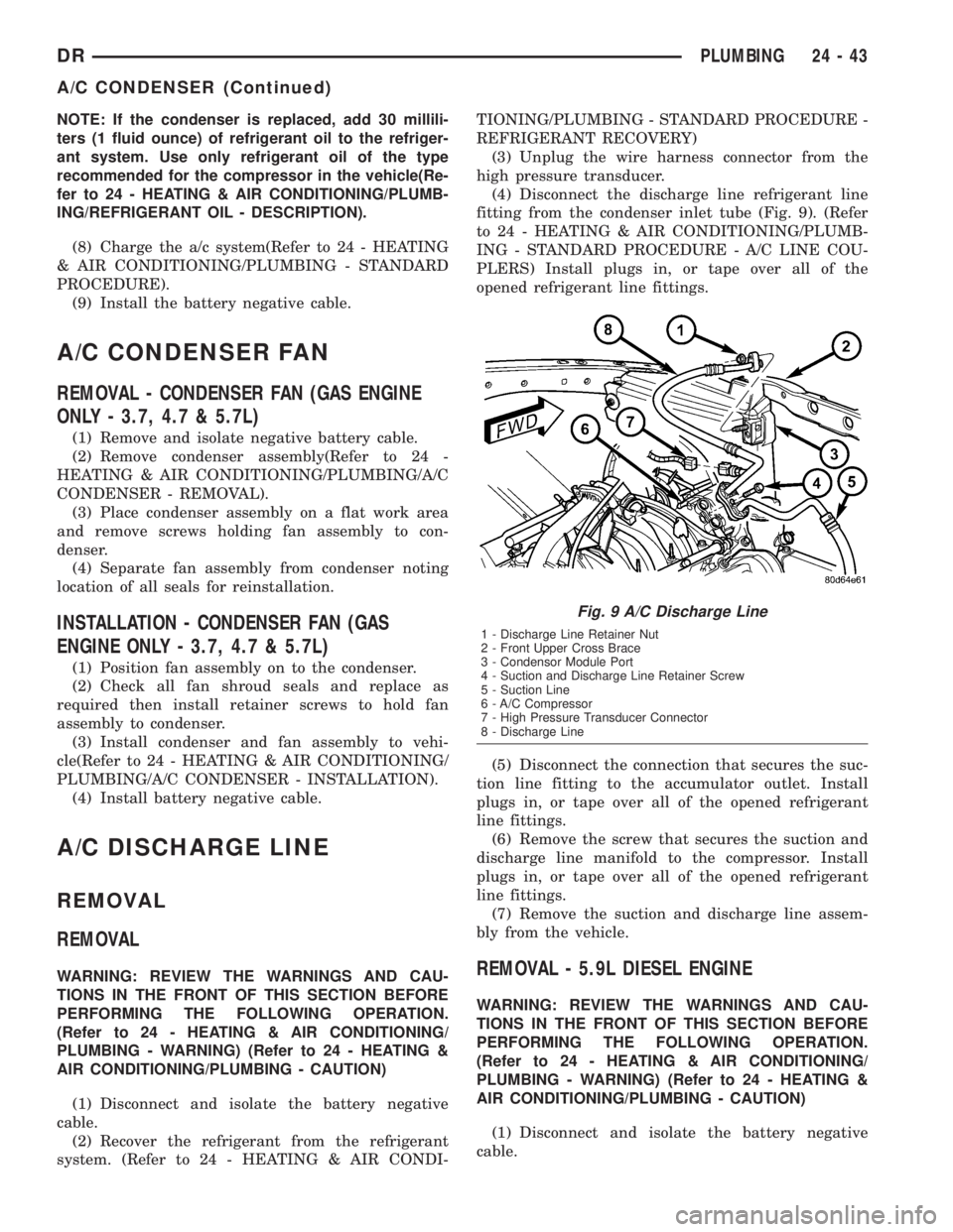 DODGE RAM 2003 Service Repair Manual NOTE: If the condenser is replaced, add 30 millili-
ters (1 fluid ounce) of refrigerant oil to the refriger-
ant system. Use only refrigerant oil of the type
recommended for the compressor in the vehi DODGE RAM 2003 Service Repair Manual NOTE: If the condenser is replaced, add 30 millili-
ters (1 fluid ounce) of refrigerant oil to the refriger-
ant system. Use only refrigerant oil of the type
recommended for the compressor in the vehi