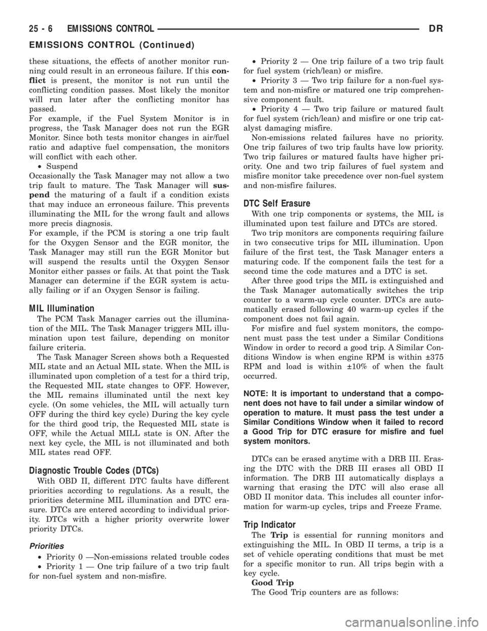 DODGE RAM 2003 Service Repair Manual these situations, the effects of another monitor run-
ning could result in an erroneous failure. If thiscon-
flictis present, the monitor is not run until the
conflicting condition passes. Most likely DODGE RAM 2003 Service Repair Manual these situations, the effects of another monitor run-
ning could result in an erroneous failure. If thiscon-
flictis present, the monitor is not run until the
conflicting condition passes. Most likely