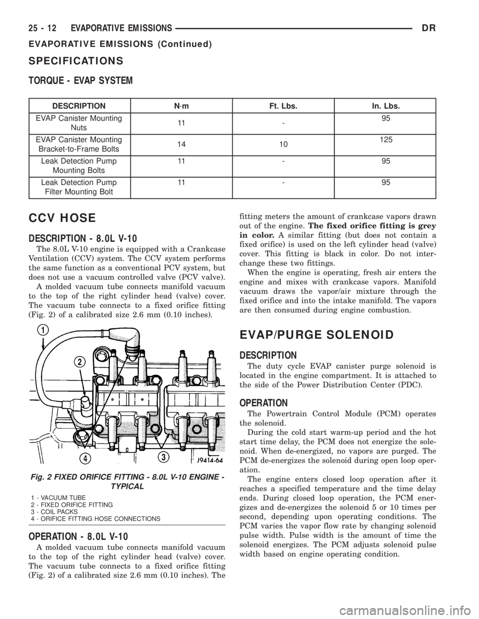 DODGE RAM 2003  Service Repair Manual SPECIFICATIONS
TORQUE - EVAP SYSTEM
DESCRIPTION N´m Ft. Lbs. In. Lbs.
EVAP Canister Mounting
Nuts11 -95
EVAP Canister Mounting
Bracket-to-Frame Bolts14 10125
Leak Detection Pump
Mounting Bolts11 - 9 