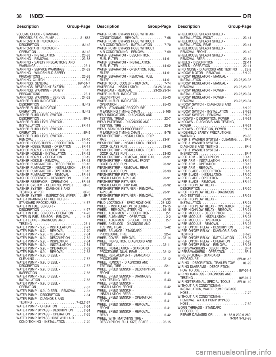 DODGE RAM 2003  Service Repair Manual VOLUME CHECK - STANDARD
PROCEDURE, OIL PUMP..............21-563
WAIT-TO-START INDICATOR -
DESCRIPTION.......................8J-42
WAIT-TO-START INDICATOR -
OPERATION.........................8J-42
WARN