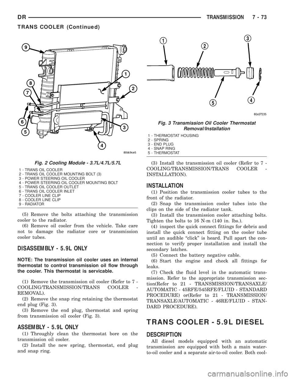 DODGE RAM 2003  Service User Guide (5) Remove the bolts attaching the transmission
cooler to the radiator.
(6) Remove oil cooler from the vehicle. Take care
not to damage the radiator core or transmission
cooler tubes.
DISASSEMBLY - 5.