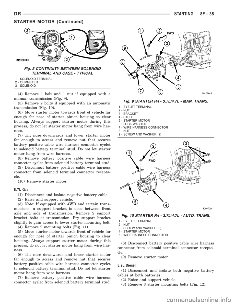 DODGE RAM 2003  Service Repair Manual (4) Remove 1 bolt and 1 nut if equipped with a
manual transmission (Fig. 9).
(5) Remove 2 bolts if equipped with an automatic
transmission (Fig. 10).
(6) Move starter motor towards front of vehicle fa