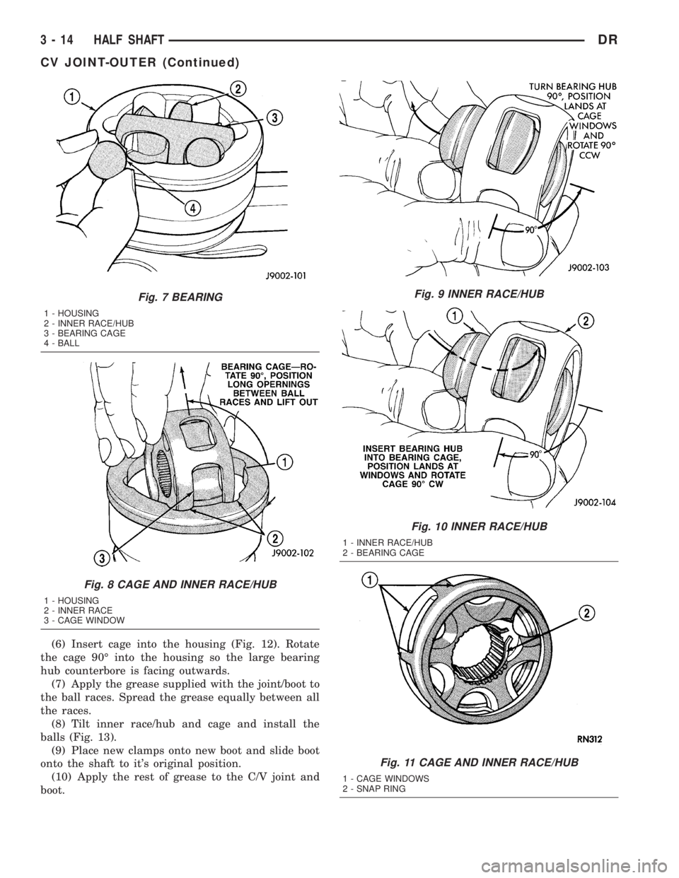 DODGE RAM 2003  Service Repair Manual (6) Insert cage into the housing (Fig. 12). Rotate
the cage 90É into the housing so the large bearing
hub counterbore is facing outwards.
(7) Apply the grease supplied with the joint/boot to
the ball