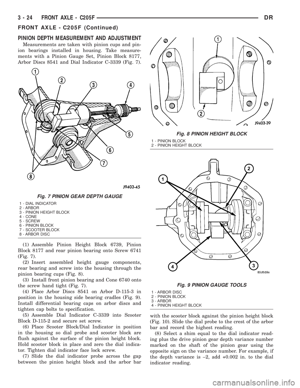 DODGE RAM 2003  Service Repair Manual PINION DEPTH MEASUREMENT AND ADJUSTMENT
Measurements are taken with pinion cups and pin-
ion bearings installed in housing. Take measure-
ments with a Pinion Gauge Set, Pinion Block 8177,
Arbor Discs 