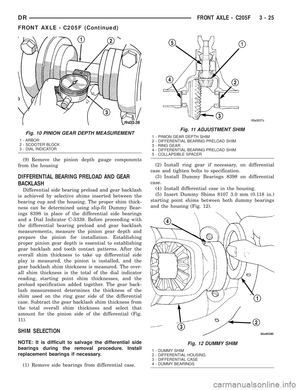 DODGE RAM 2003  Service Repair Manual (9) Remove the pinion depth gauge components
from the housing
DIFFERENTIAL BEARING PRELOAD AND GEAR
BACKLASH
Differential side bearing preload and gear backlash
is achieved by selective shims inserted