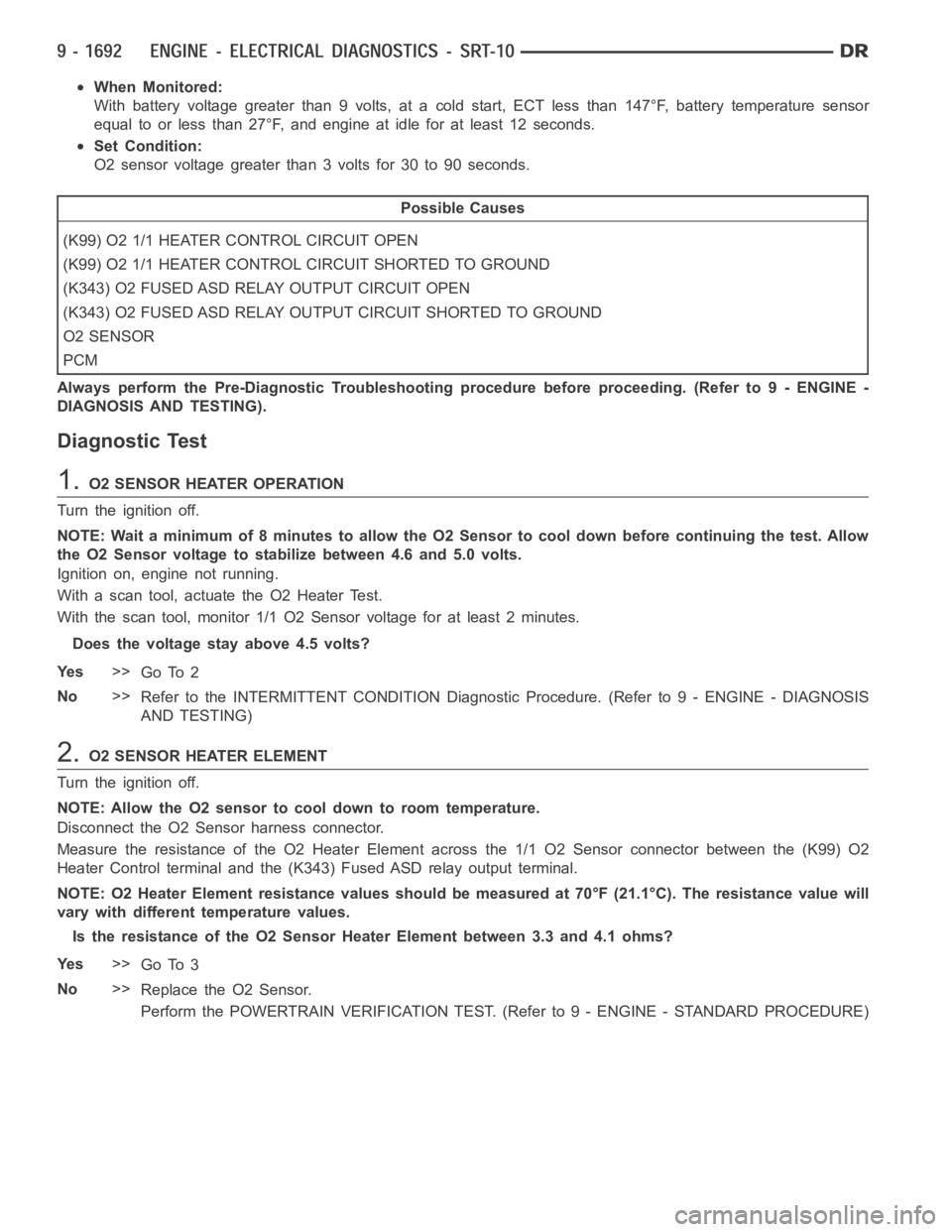 DODGE RAM SRT-10 2006 Service Repair Manual When Monitored:
With battery voltage greater than 9 volts, at a cold start, ECT less than 147°F, battery temperature sensor
equal to or less than 27°F, and engine at idle for at least 12 seconds.
Se DODGE RAM SRT-10 2006 Service Repair Manual When Monitored:
With battery voltage greater than 9 volts, at a cold start, ECT less than 147°F, battery temperature sensor
equal to or less than 27°F, and engine at idle for at least 12 seconds.
Se
