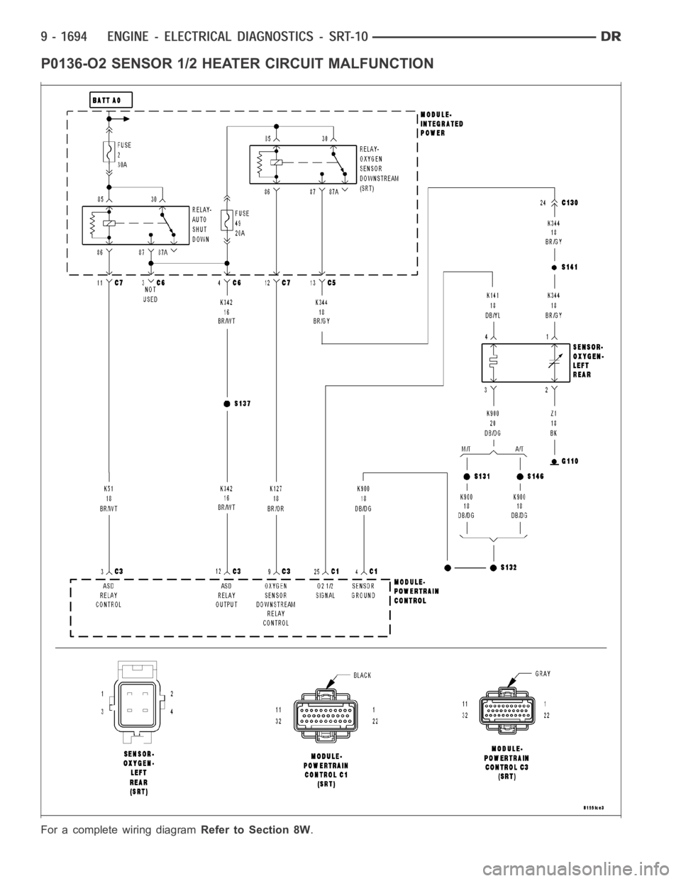 DODGE RAM SRT-10 2006 Service Repair Manual P0136-O2 SENSOR 1/2 HEATER CIRCUIT MALFUNCTION
For a complete wiring diagramRefer to Section 8W. DODGE RAM SRT-10 2006 Service Repair Manual P0136-O2 SENSOR 1/2 HEATER CIRCUIT MALFUNCTION
For a complete wiring diagramRefer to Section 8W.
