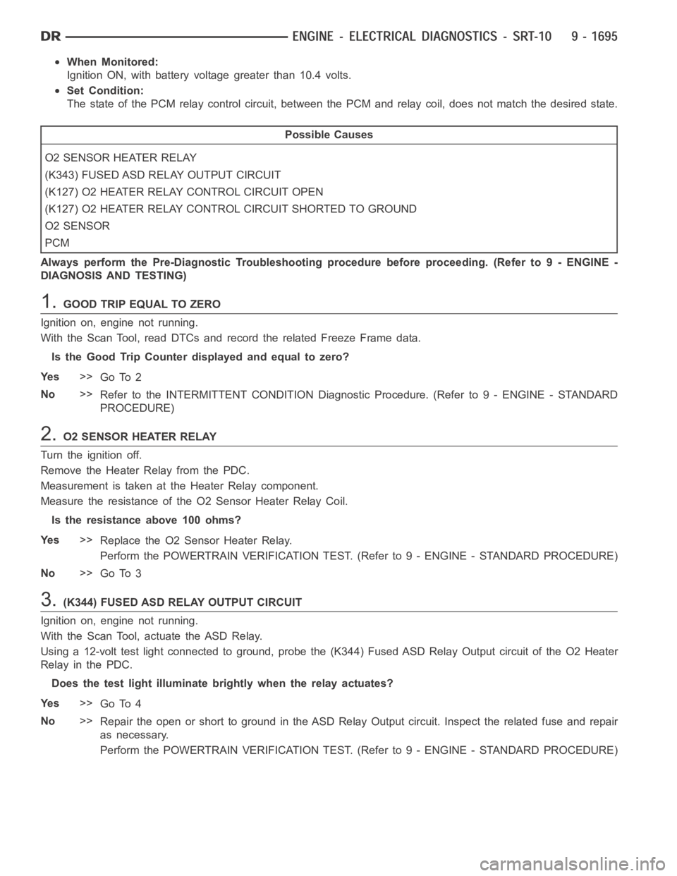 DODGE RAM SRT-10 2006 Service Repair Manual When Monitored:
Ignition ON, with battery voltage greater than 10.4 volts.
Set Condition:
The state of the PCM relay control circuit, between the PCM and relay coil, does not match the desired state.
DODGE RAM SRT-10 2006 Service Repair Manual When Monitored:
Ignition ON, with battery voltage greater than 10.4 volts.
Set Condition:
The state of the PCM relay control circuit, between the PCM and relay coil, does not match the desired state.