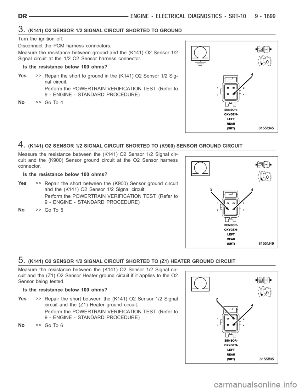 DODGE RAM SRT-10 2006 Service Repair Manual 3.(K141) O2 SENSOR 1/2 SIGNAL CIRCUIT SHORTED TO GROUND
Turn the ignition off.
Disconnect the PCM harness connectors.
Measure the resistance between ground and the (K141) O2 Sensor 1/2
Signal circuit DODGE RAM SRT-10 2006 Service Repair Manual 3.(K141) O2 SENSOR 1/2 SIGNAL CIRCUIT SHORTED TO GROUND
Turn the ignition off.
Disconnect the PCM harness connectors.
Measure the resistance between ground and the (K141) O2 Sensor 1/2
Signal circuit