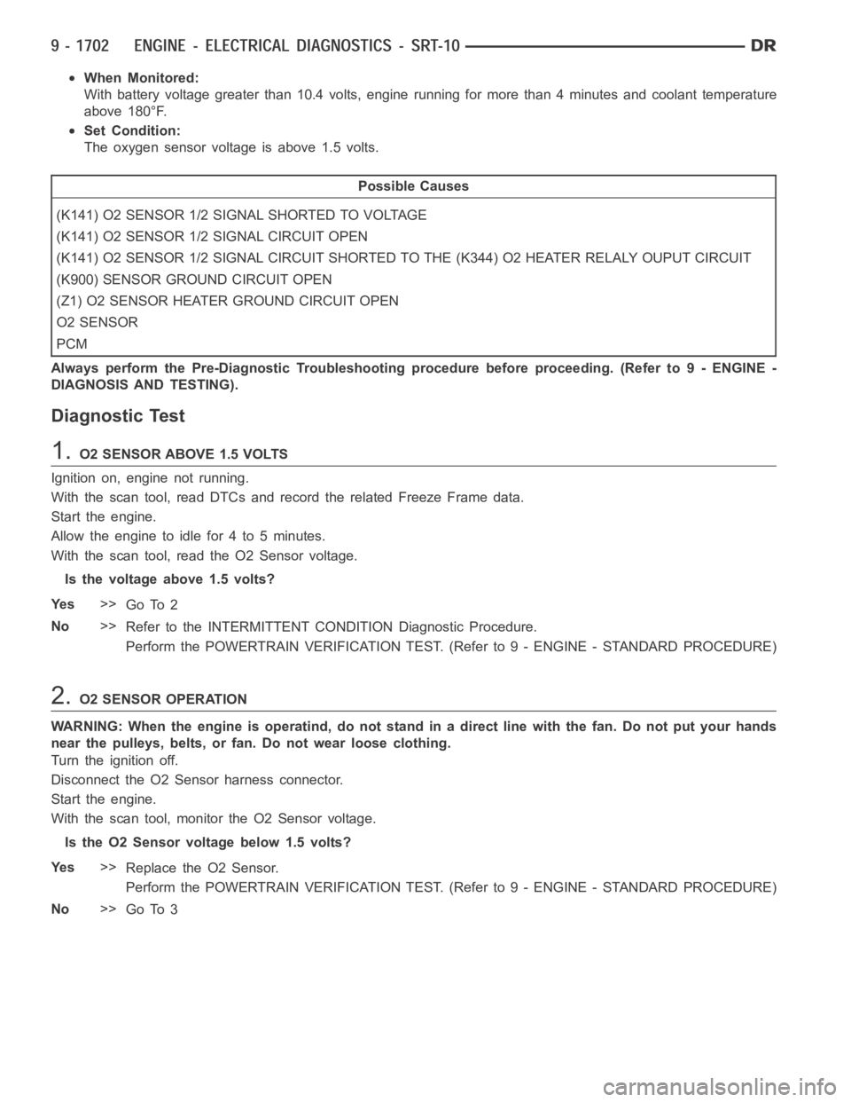 DODGE RAM SRT-10 2006 Service Repair Manual When Monitored:
With battery voltage greater than 10.4 volts, engine running for more than4 minutes and coolant temperature
above 180°F.
Set Condition:
The oxygen sensor voltage is above 1.5 volts.
P DODGE RAM SRT-10 2006 Service Repair Manual When Monitored:
With battery voltage greater than 10.4 volts, engine running for more than4 minutes and coolant temperature
above 180°F.
Set Condition:
The oxygen sensor voltage is above 1.5 volts.
P