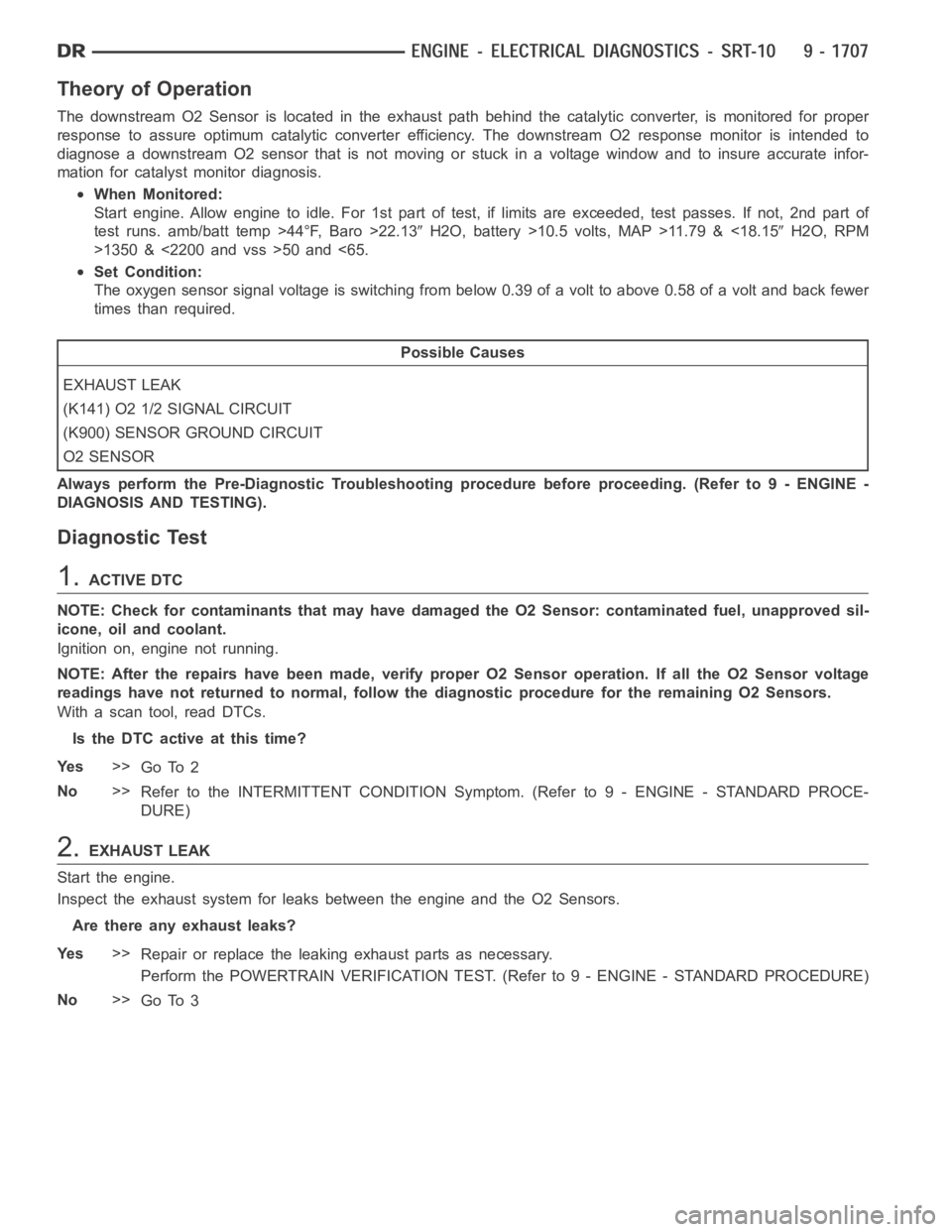 DODGE RAM SRT-10 2006 Service Repair Manual Theory of Operation
The downstream O2 Sensor is located in the exhaust path behind the catalytic converter, is monitored for proper
response to assure optimum catalytic converter efficiency. The downs DODGE RAM SRT-10 2006 Service Repair Manual Theory of Operation
The downstream O2 Sensor is located in the exhaust path behind the catalytic converter, is monitored for proper
response to assure optimum catalytic converter efficiency. The downs