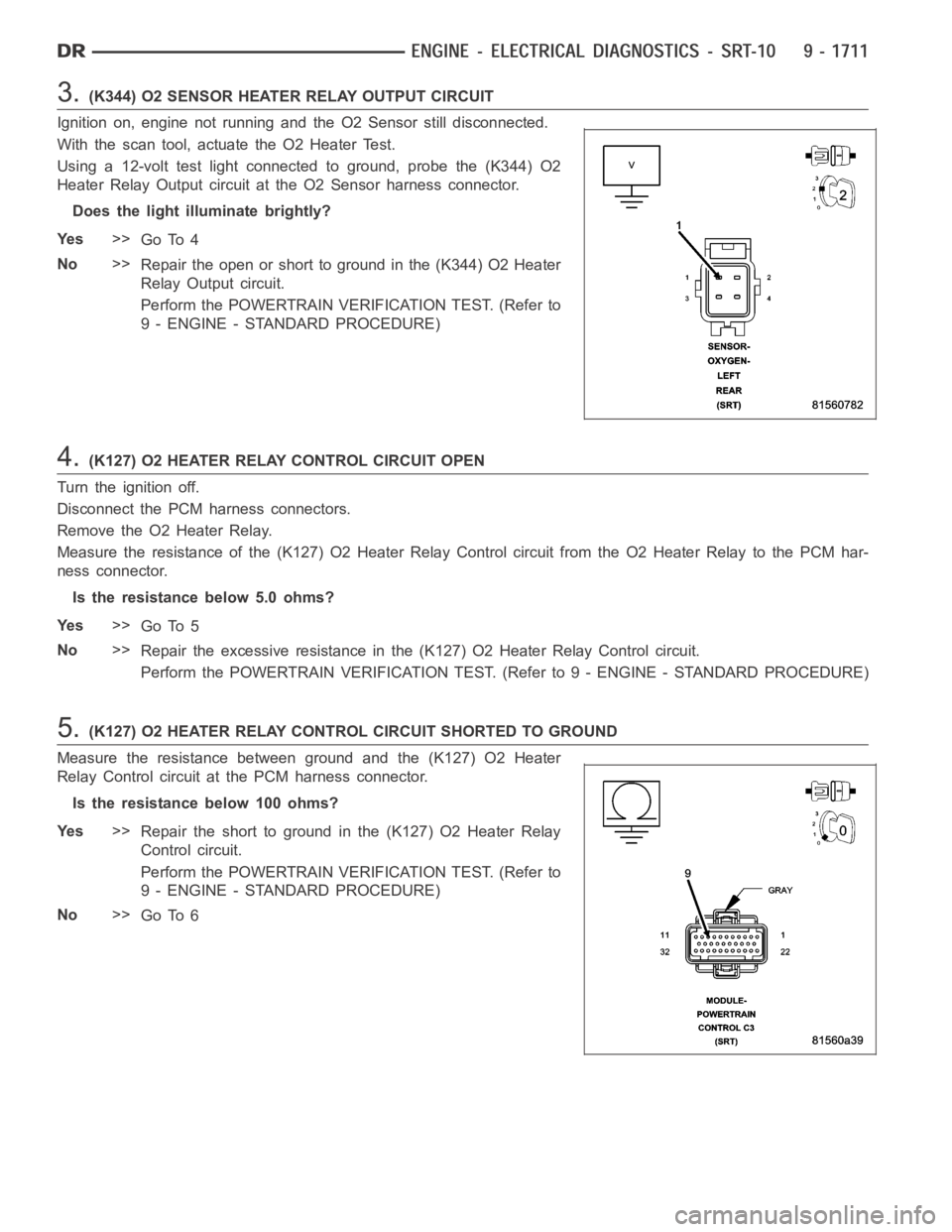 DODGE RAM SRT-10 2006 Service Repair Manual 3.(K344) O2 SENSOR HEATER RELAY OUTPUT CIRCUIT
Ignition on, engine not running and the O2 Sensor still disconnected.
With the scan tool, actuate the O2 Heater Test.
Using a 12-volt test light connecte DODGE RAM SRT-10 2006 Service Repair Manual 3.(K344) O2 SENSOR HEATER RELAY OUTPUT CIRCUIT
Ignition on, engine not running and the O2 Sensor still disconnected.
With the scan tool, actuate the O2 Heater Test.
Using a 12-volt test light connecte