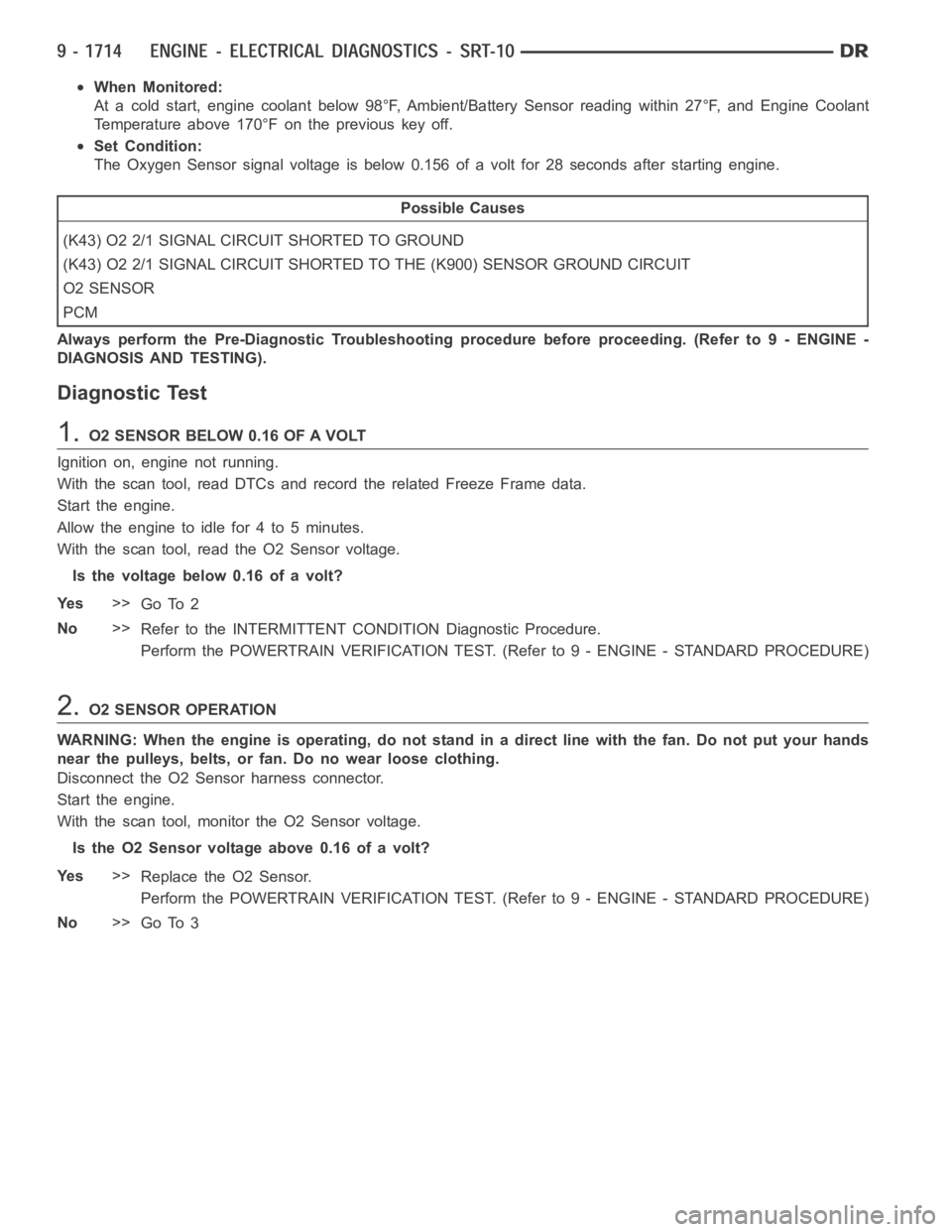 DODGE RAM SRT-10 2006  Service Repair Manual When Monitored:
At a cold start, engine coolant below 98°F, Ambient/Battery Sensor readingwithin27°F,andEngineCoolant
Temperature above 170°F on the previous key off.
Set Condition:
The Oxygen Sens