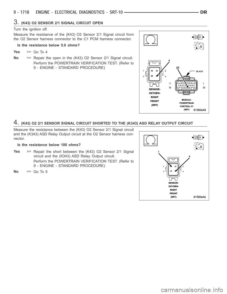 DODGE RAM SRT-10 2006  Service Repair Manual 3.(K43) O2 SENSOR 2/1 SIGNAL CIRCUIT OPEN
Turn the ignition off.
Measure the resistance of the (K43) O2 Sensor 2/1 Signal circuit from
the O2 Sensor harness connector to the C1 PCM harness connector.
