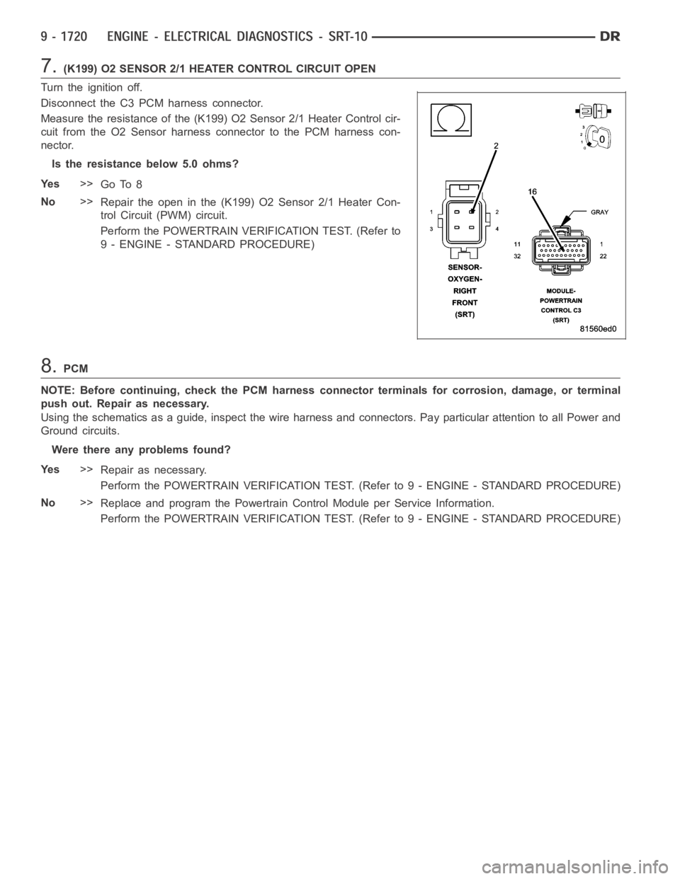 DODGE RAM SRT-10 2006  Service Repair Manual 7.(K199) O2 SENSOR 2/1 HEATER CONTROL CIRCUIT OPEN
Turn the ignition off.
Disconnect the C3 PCM harness connector.
Measure the resistance of the (K199) O2 Sensor 2/1 Heater Control cir-
cuit from the 