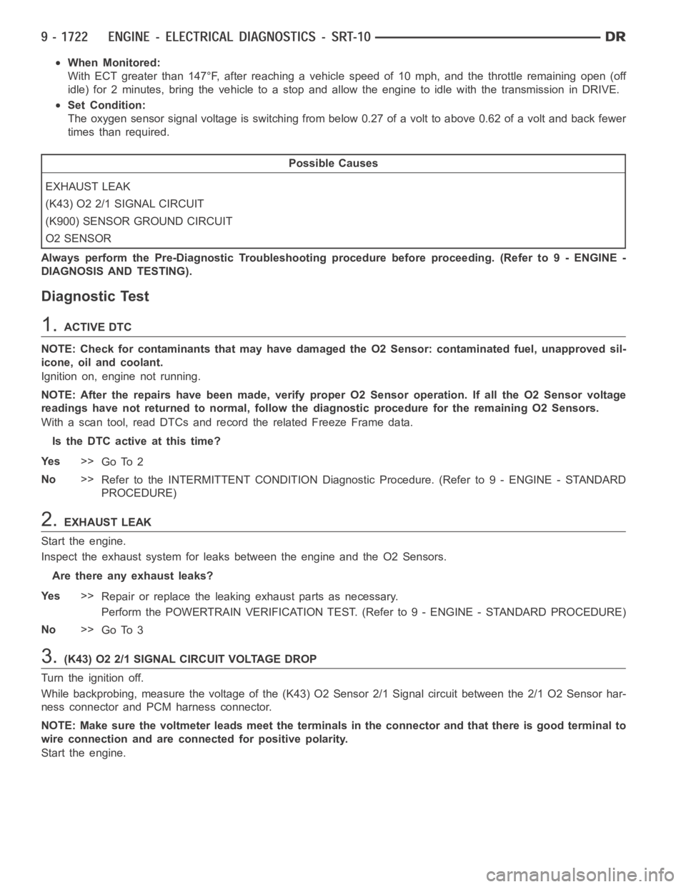 DODGE RAM SRT-10 2006 Service Repair Manual When Monitored:
With ECT greater than 147°F, after reaching a vehicle speed of 10 mph, and the throttle remaining open (off
idle) for 2 minutes, bring the vehicle to a stop and allow the engine to id DODGE RAM SRT-10 2006 Service Repair Manual When Monitored:
With ECT greater than 147°F, after reaching a vehicle speed of 10 mph, and the throttle remaining open (off
idle) for 2 minutes, bring the vehicle to a stop and allow the engine to id