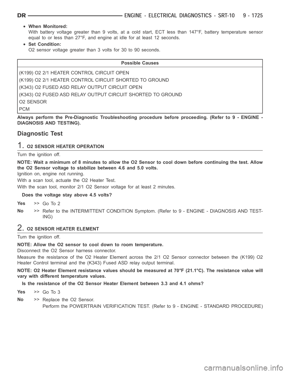 DODGE RAM SRT-10 2006 Service Repair Manual When Monitored:
With battery voltage greater than 9 volts, at a cold start, ECT less than 147°F, battery temperature sensor
equal to or less than 27°F, and engine at idle for at least 12 seconds.
Se DODGE RAM SRT-10 2006 Service Repair Manual When Monitored:
With battery voltage greater than 9 volts, at a cold start, ECT less than 147°F, battery temperature sensor
equal to or less than 27°F, and engine at idle for at least 12 seconds.
Se