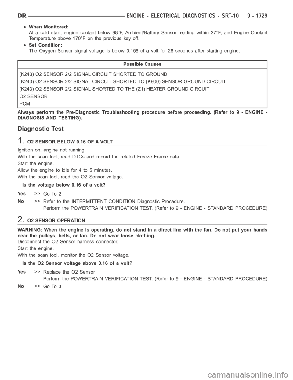 DODGE RAM SRT-10 2006 Service Repair Manual When Monitored:
At a cold start, engine coolant below 98°F, Ambient/Battery Sensor readingwithin27°F,andEngineCoolant
Temperature above 170°F on the previous key off.
Set Condition:
The Oxygen Sens DODGE RAM SRT-10 2006 Service Repair Manual When Monitored:
At a cold start, engine coolant below 98°F, Ambient/Battery Sensor readingwithin27°F,andEngineCoolant
Temperature above 170°F on the previous key off.
Set Condition:
The Oxygen Sens