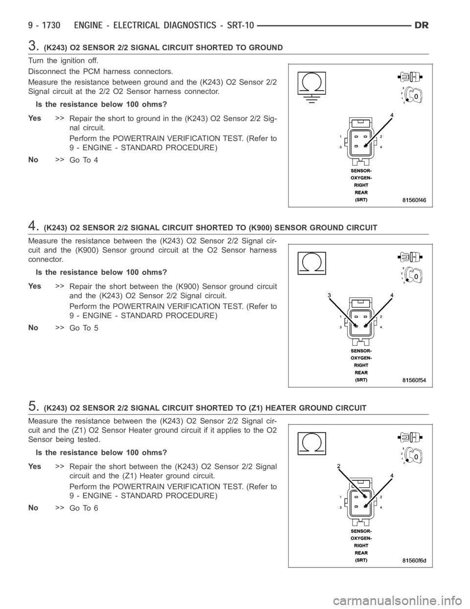 DODGE RAM SRT-10 2006 Service Repair Manual 3.(K243) O2 SENSOR 2/2 SIGNAL CIRCUIT SHORTED TO GROUND
Turn the ignition off.
Disconnect the PCM harness connectors.
Measure the resistance between ground and the (K243) O2 Sensor 2/2
Signal circuit DODGE RAM SRT-10 2006 Service Repair Manual 3.(K243) O2 SENSOR 2/2 SIGNAL CIRCUIT SHORTED TO GROUND
Turn the ignition off.
Disconnect the PCM harness connectors.
Measure the resistance between ground and the (K243) O2 Sensor 2/2
Signal circuit