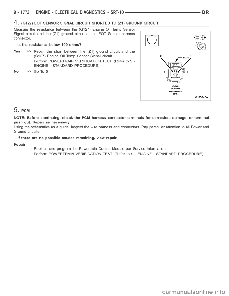 DODGE RAM SRT-10 2006  Service Repair Manual 4.(G127) EOT SENSOR SIGNAL CIRCUIT SHORTED TO (Z1) GROUND CIRCUIT
Measure the resistance between the (G127) Engine Oil Temp Sensor
Signal circuit and the (Z1) ground circuit at the EOT Sensor harness
