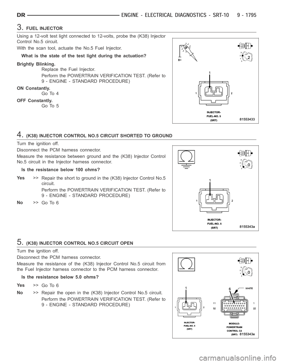 DODGE RAM SRT-10 2006  Service Repair Manual 3.FUEL INJECTOR
Using a 12-volt test light connected to 12-volts, probe the (K38) Injector
Control No.5 circuit.
With the scan tool, actuate the No.5 Fuel Injector.
What is the state of the test light