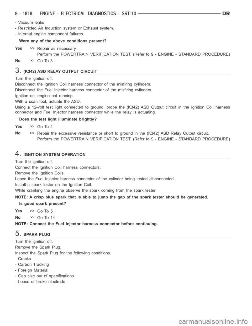 DODGE RAM SRT-10 2006  Service Repair Manual - Vacuum leaks
- Restricted Air Induction system or Exhaust system.
- Internal engine component failures.
Were any of the above conditions present?
Ye s>>
Repair as necessary.
Perform the POWERTRAIN V