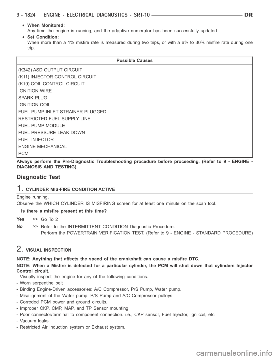 DODGE RAM SRT-10 2006 Service Repair Manual When Monitored:
Any time the engine is running, and the adaptive numerator has been successfully updated.
Set Condition:
When more than a 1% misfire rate is measured during two trips, or with a 6% to DODGE RAM SRT-10 2006 Service Repair Manual When Monitored:
Any time the engine is running, and the adaptive numerator has been successfully updated.
Set Condition:
When more than a 1% misfire rate is measured during two trips, or with a 6% to