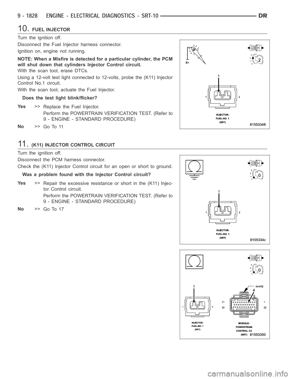DODGE RAM SRT-10 2006 Service Repair Manual 10.FUEL INJECTOR
Turn the ignition off.
Disconnect the Fuel Injector harness connector.
Ignition on, engine not running.
NOTE: When a Misfire is detected for a particular cylinder, the PCM
will shut d DODGE RAM SRT-10 2006 Service Repair Manual 10.FUEL INJECTOR
Turn the ignition off.
Disconnect the Fuel Injector harness connector.
Ignition on, engine not running.
NOTE: When a Misfire is detected for a particular cylinder, the PCM
will shut d