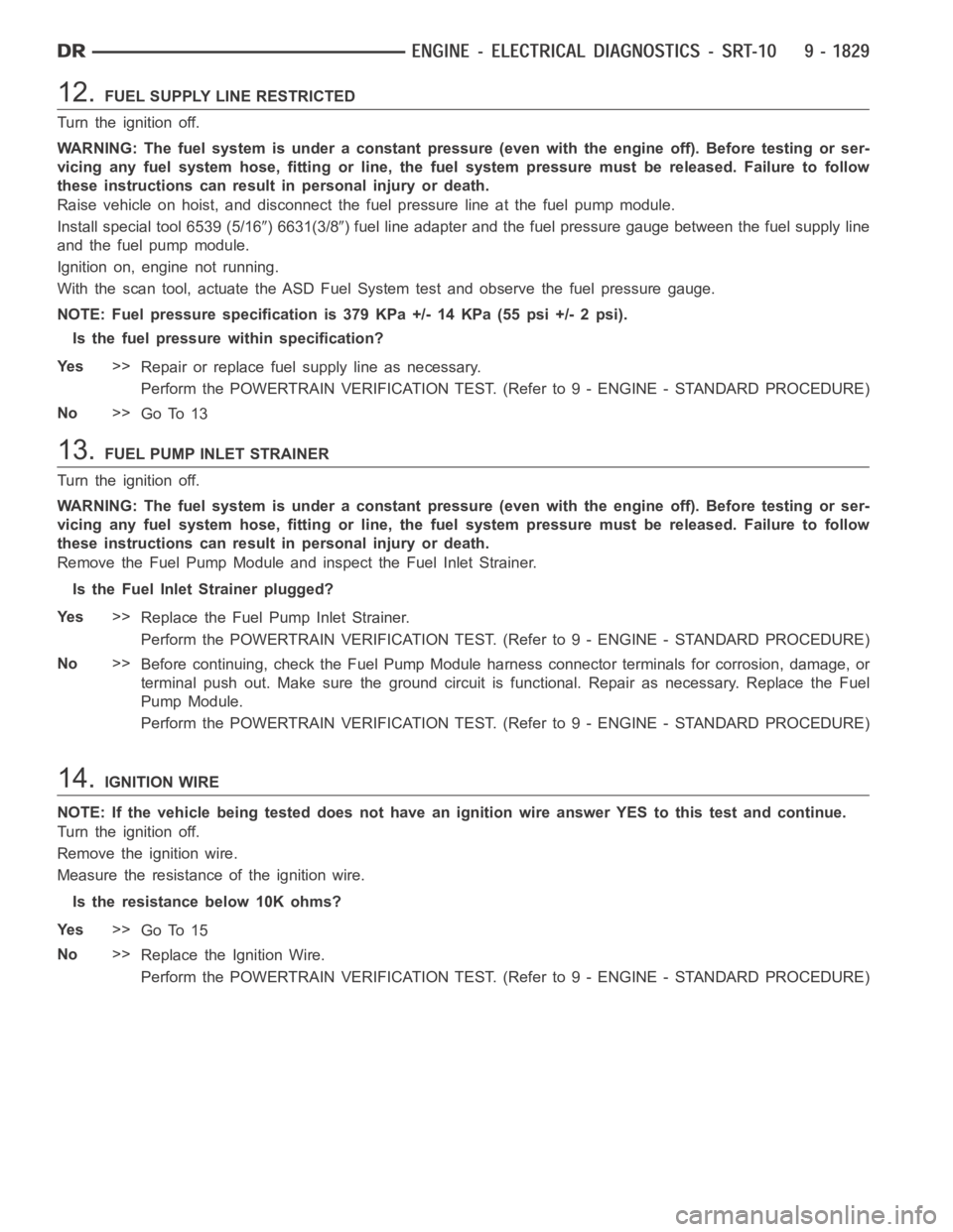 DODGE RAM SRT-10 2006 Service Repair Manual 12.FUEL SUPPLY LINE RESTRICTED
Turn the ignition off.
WARNING: The fuel system is under a constant pressure (even with the engineoff). Before testing or ser-
vicing any fuel system hose, fitting or li DODGE RAM SRT-10 2006 Service Repair Manual 12.FUEL SUPPLY LINE RESTRICTED
Turn the ignition off.
WARNING: The fuel system is under a constant pressure (even with the engineoff). Before testing or ser-
vicing any fuel system hose, fitting or li