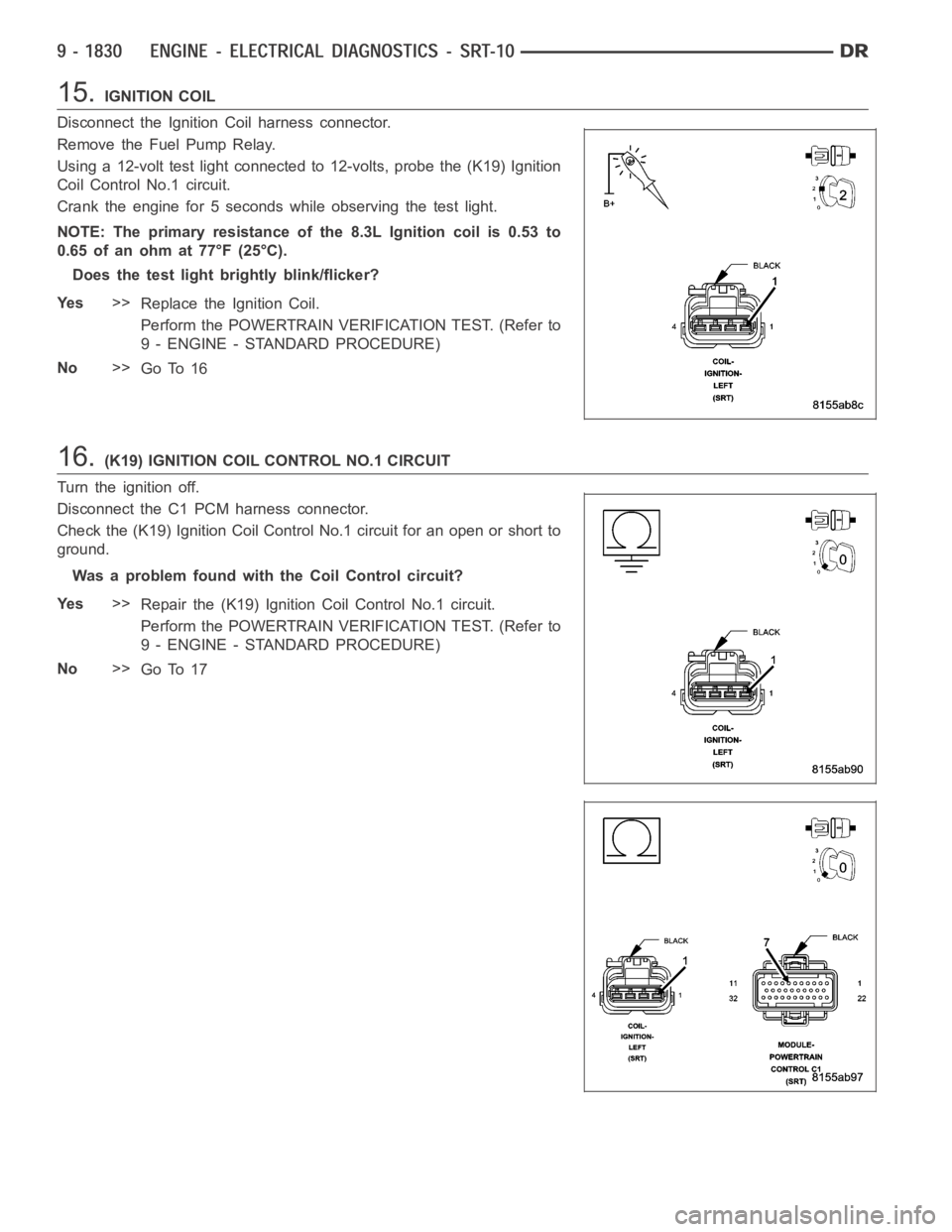 DODGE RAM SRT-10 2006 Service Repair Manual 15.IGNITION COIL
Disconnect the Ignition Coil harness connector.
Remove the Fuel Pump Relay.
Using a 12-volt test light connected to 12-volts, probe the (K19) Ignition
Coil Control No.1 circuit.
Crank DODGE RAM SRT-10 2006 Service Repair Manual 15.IGNITION COIL
Disconnect the Ignition Coil harness connector.
Remove the Fuel Pump Relay.
Using a 12-volt test light connected to 12-volts, probe the (K19) Ignition
Coil Control No.1 circuit.
Crank