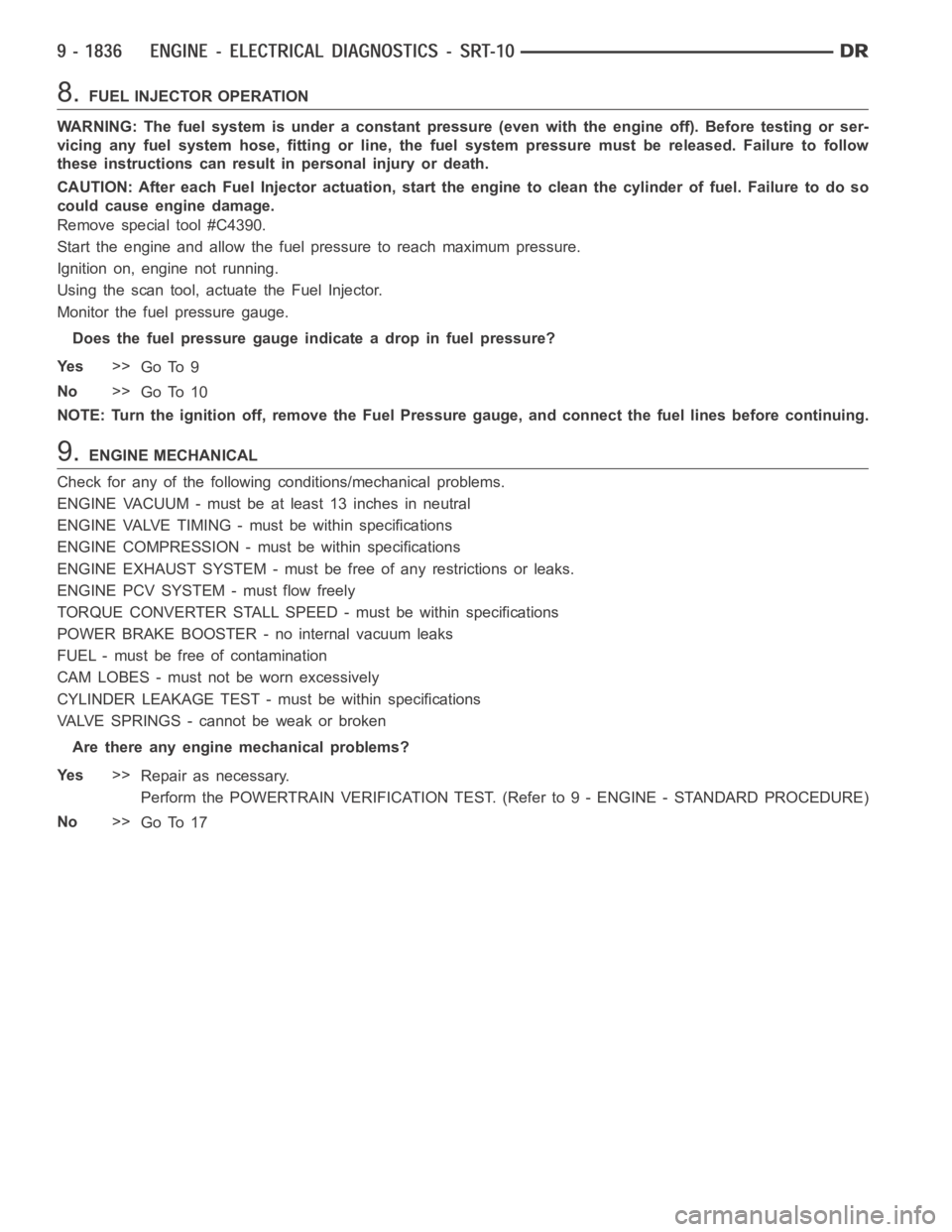 DODGE RAM SRT-10 2006 Service Repair Manual 8.FUEL INJECTOR OPERATION
WARNING: The fuel system is under a constant pressure (even with the engineoff). Before testing or ser-
vicing any fuel system hose, fitting or line, the fuel system pressure DODGE RAM SRT-10 2006 Service Repair Manual 8.FUEL INJECTOR OPERATION
WARNING: The fuel system is under a constant pressure (even with the engineoff). Before testing or ser-
vicing any fuel system hose, fitting or line, the fuel system pressure